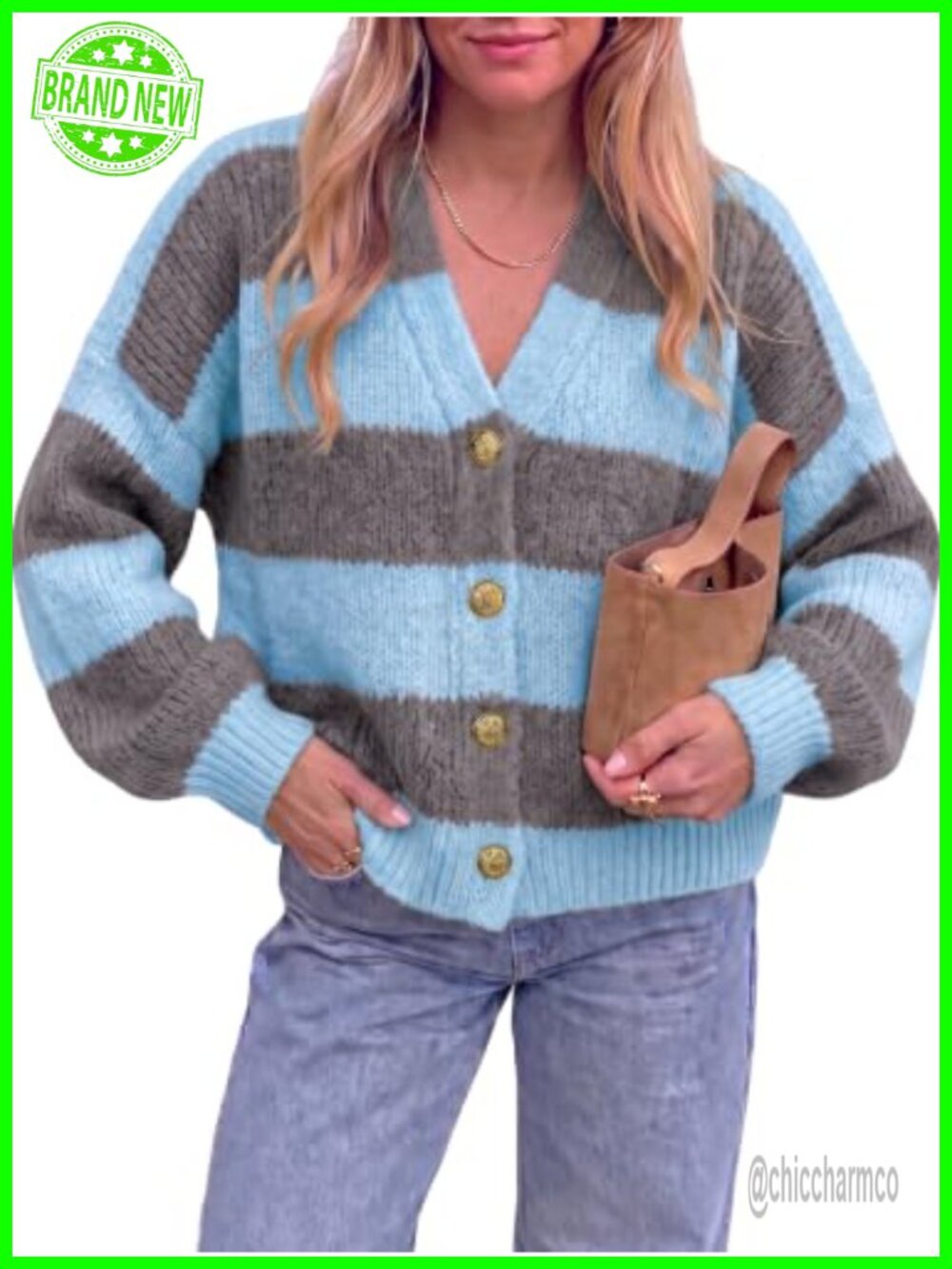 Womens Striped Open Front Cardigan V Neck Long Sleeve Knit Sweater